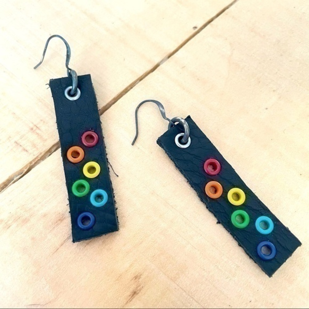 2/$29 Handmade Pride Black Leather Rainbow Earrings 2.5” LGBT Ally